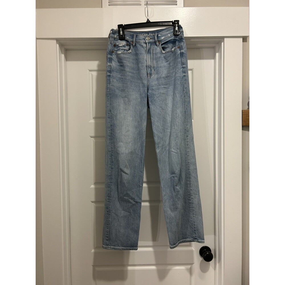 American Eagle Mid-rise Baggy Wide Leg Med Wash Womens Jeans Stretch Sz 4 Preppy